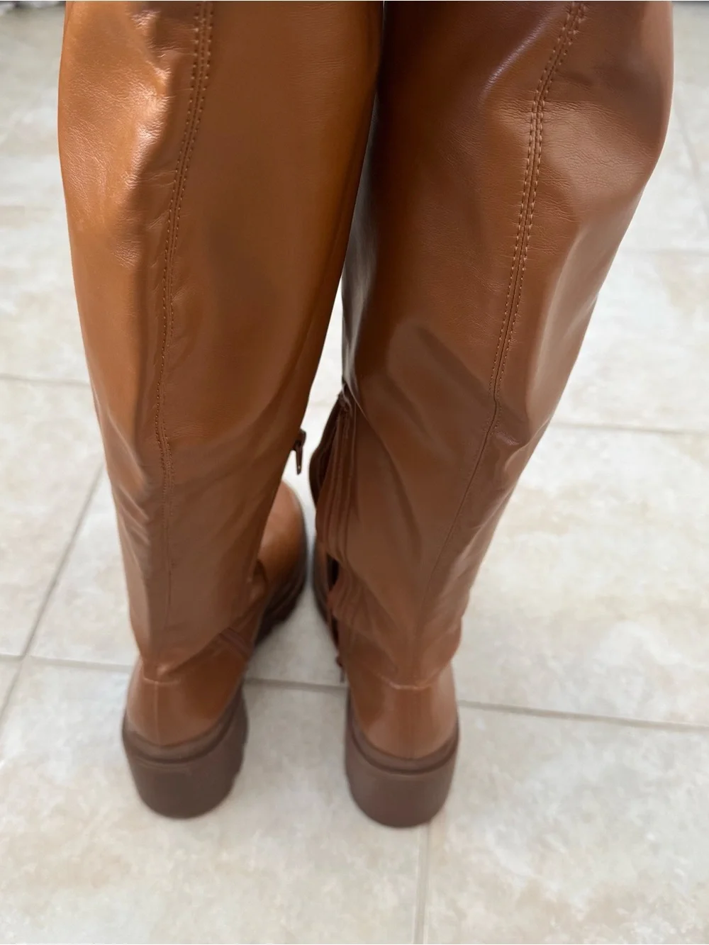 Womens Cognac Brown Faux Leather Over The Knee Lug Sole Chunky Heel Boots 9.5-10